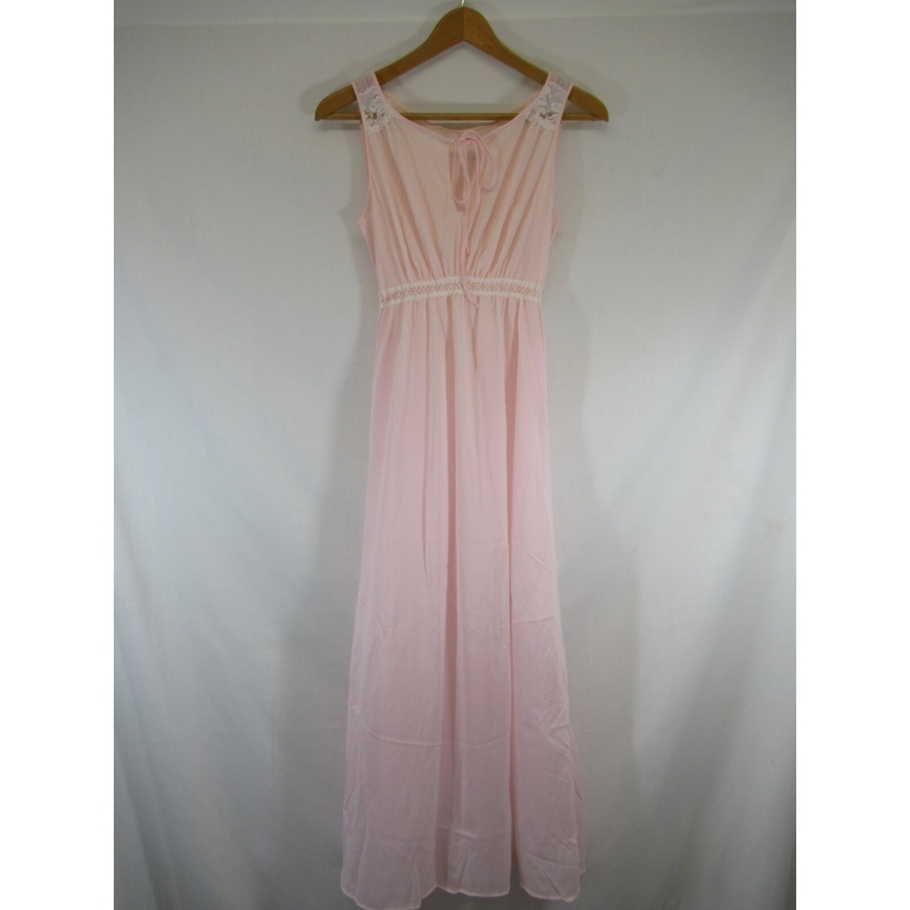 Vtg 60s 70s Miss Elaine Empire Waist Nightgown S Pink Keyhole Sleeveless Nylon